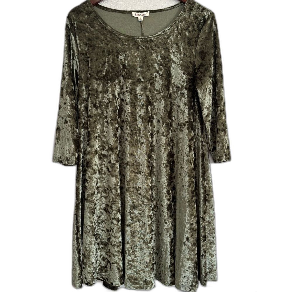 Green Crushed Velvet Quarter Sleeve Scoop Neck Tunic Dress Medium